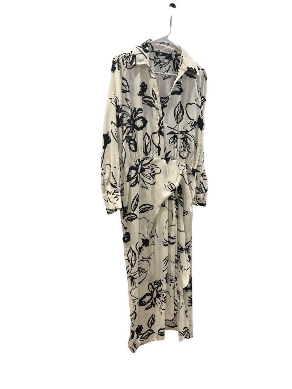 Zara Cream Maxi Shirt Dress with Black Floral Print